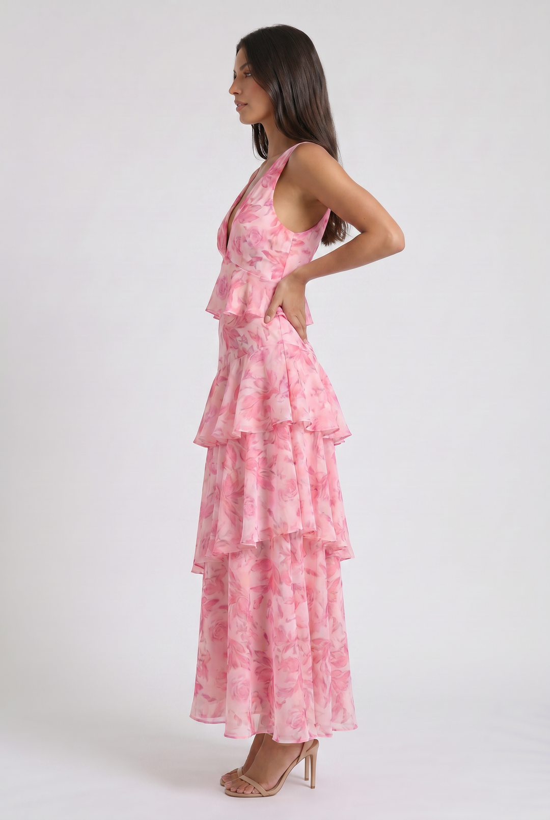 Women's Abstract Print Tiered Midi Dress with Deep V-Neck