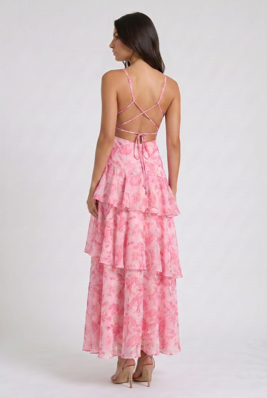 Women's Abstract Print Tiered Midi Dress with Deep V-Neck