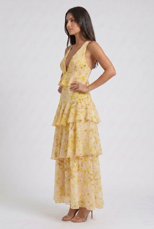 Women's Abstract Print Tiered Midi Dress with Deep V-Neck