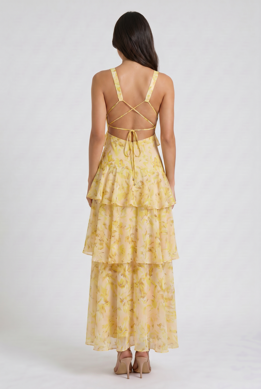 Women's Abstract Print Tiered Midi Dress with Deep V-Neck
