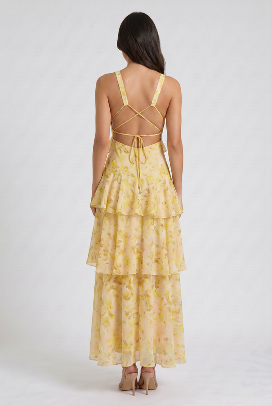 Women's Abstract Print Tiered Midi Dress with Deep V-Neck