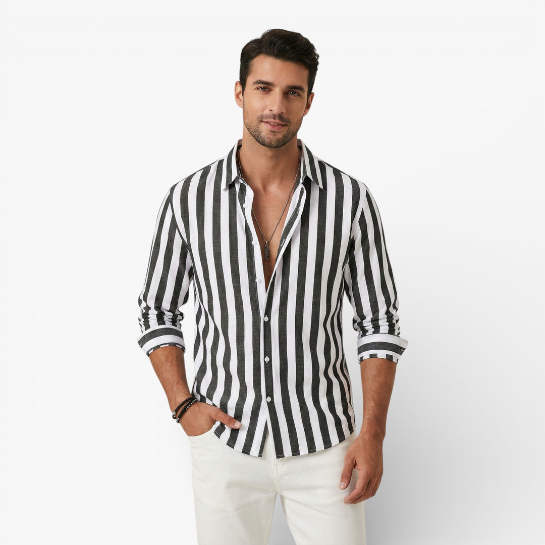Mens Linen Cotton Summer Shirt Light Blue Striped
