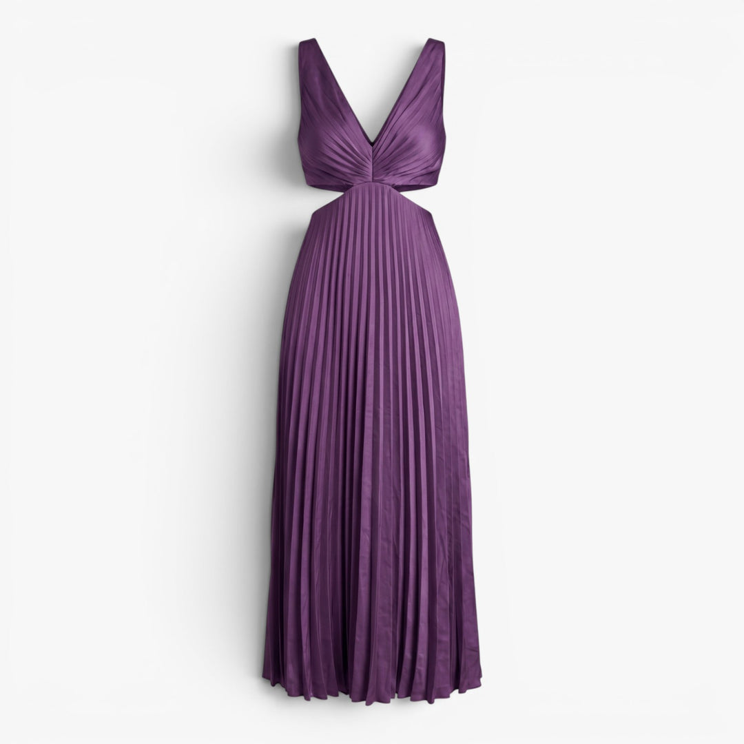 Women’s Pleated Maxi Dress with Elegant Cutout Waist Design