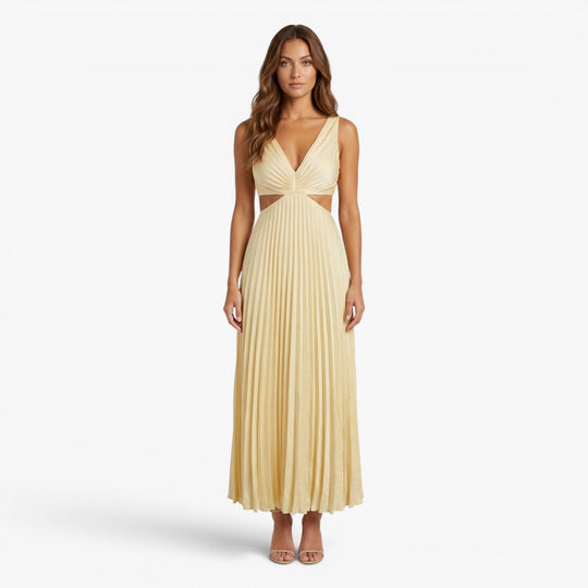 Women’s Pleated Maxi Dress with Elegant Cutout Waist Design