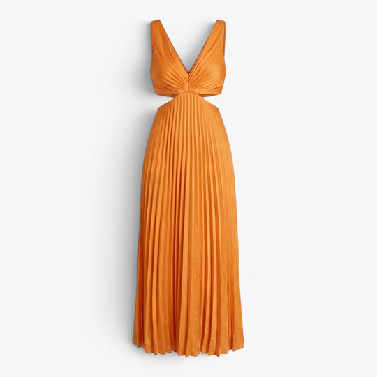Women’s Pleated Maxi Dress with Elegant Cutout Waist Design