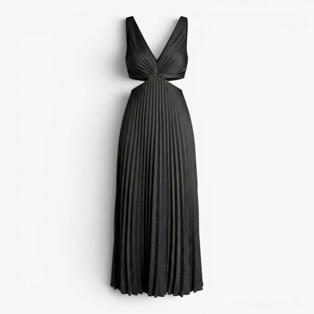 Women’s Pleated Maxi Dress with Elegant Cutout Waist Design