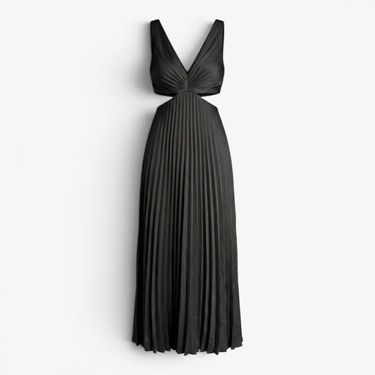 Women’s Pleated Maxi Dress with Elegant Cutout Waist Design