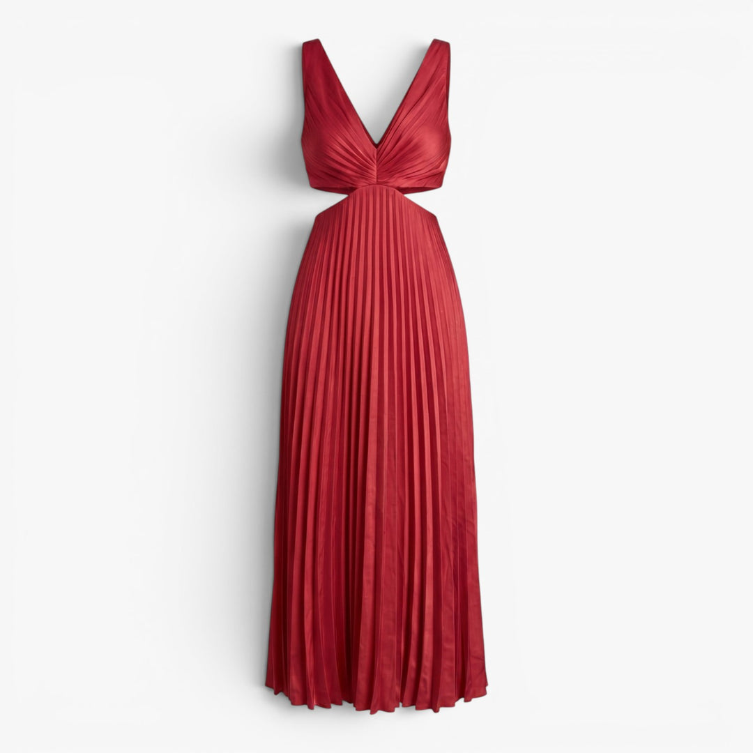 Women’s Pleated Maxi Dress with Elegant Cutout Waist Design