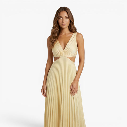 Women’s Pleated Maxi Dress with Elegant Cutout Waist Design