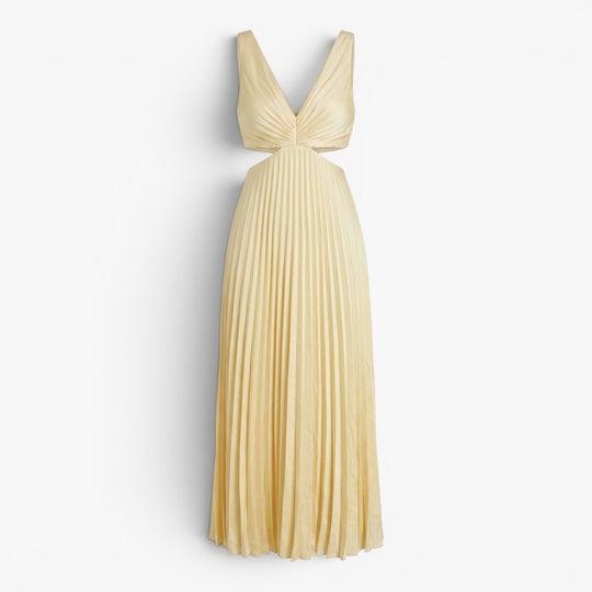 Women’s Pleated Maxi Dress with Elegant Cutout Waist Design