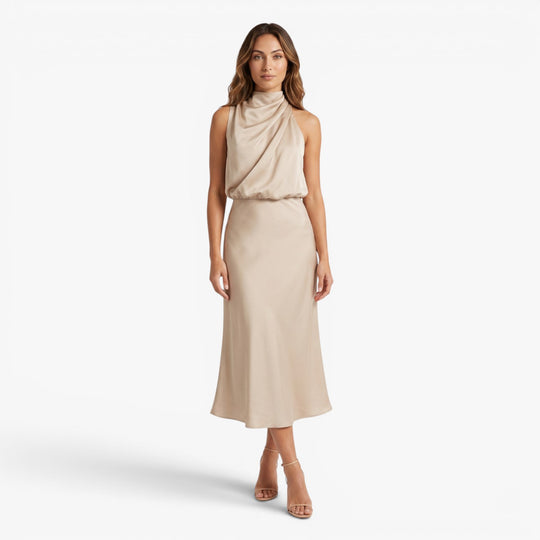 Damen elegantes Satin-Halterkleid in Midi-Länge für den Abend