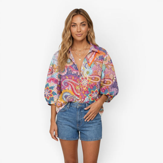 Women's Colorful Paisley Print Button Front Blouse