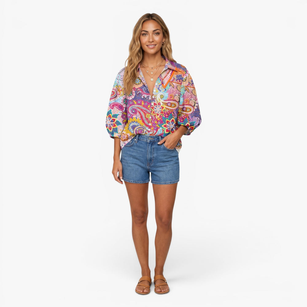 Women's Colorful Paisley Print Button Front Blouse