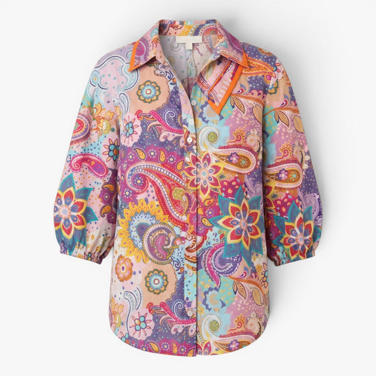 Women's Colorful Paisley Print Button Front Blouse