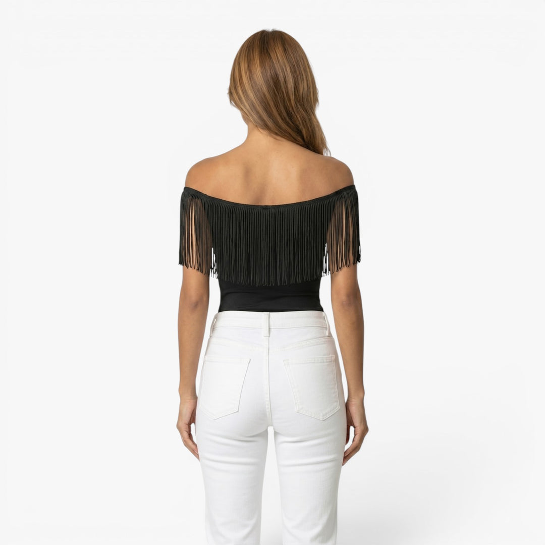 Women's Off Shoulder Fringe Detail Fitted Top