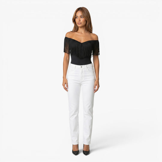 Women's Off Shoulder Fringe Detail Fitted Top