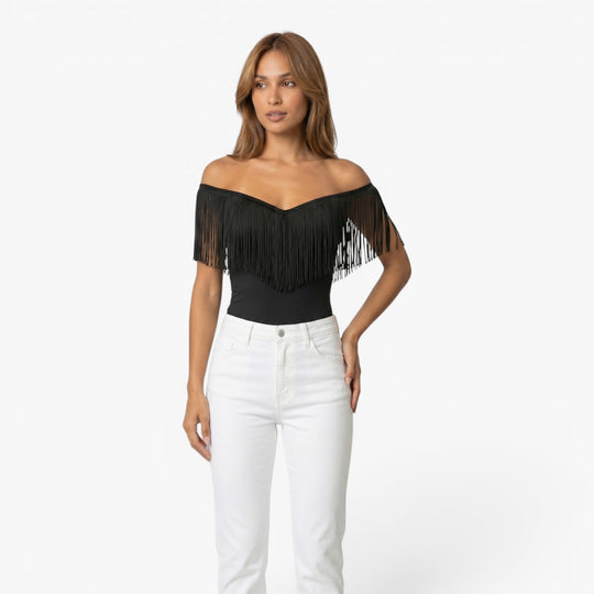 Women's Off Shoulder Fringe Detail Fitted Top