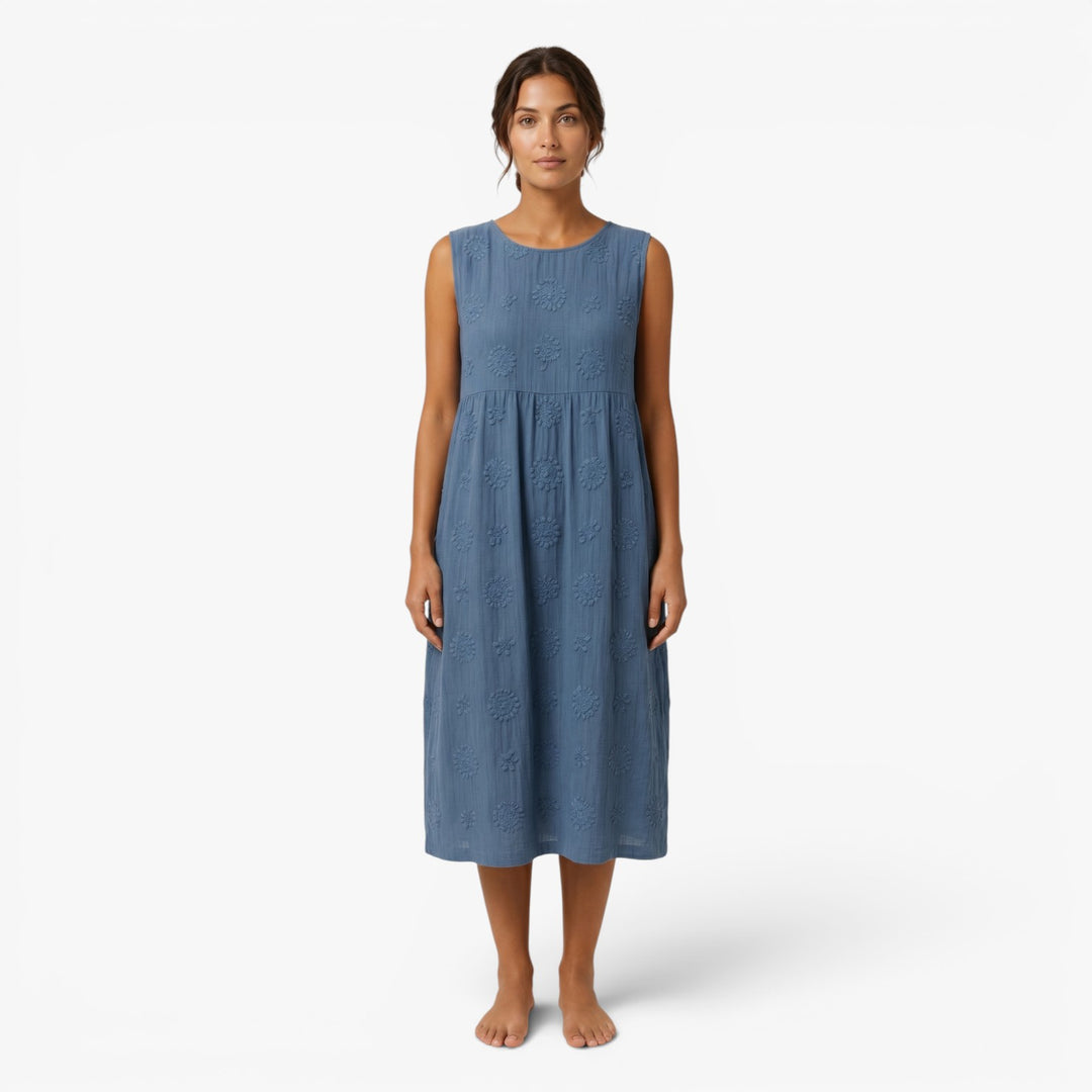 Women's Embroidered Sleeveless Cotton Linen Midi Dress