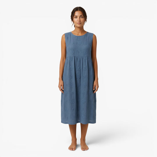 Women's Embroidered Sleeveless Cotton Linen Midi Dress