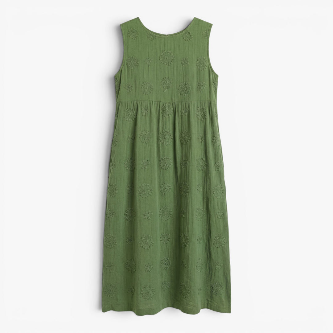 Women's Embroidered Sleeveless Cotton Linen Midi Dress