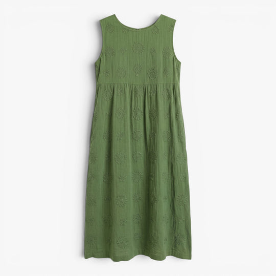 Women's Embroidered Sleeveless Cotton Linen Midi Dress