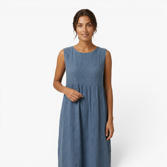 Women's Embroidered Sleeveless Cotton Linen Midi Dress