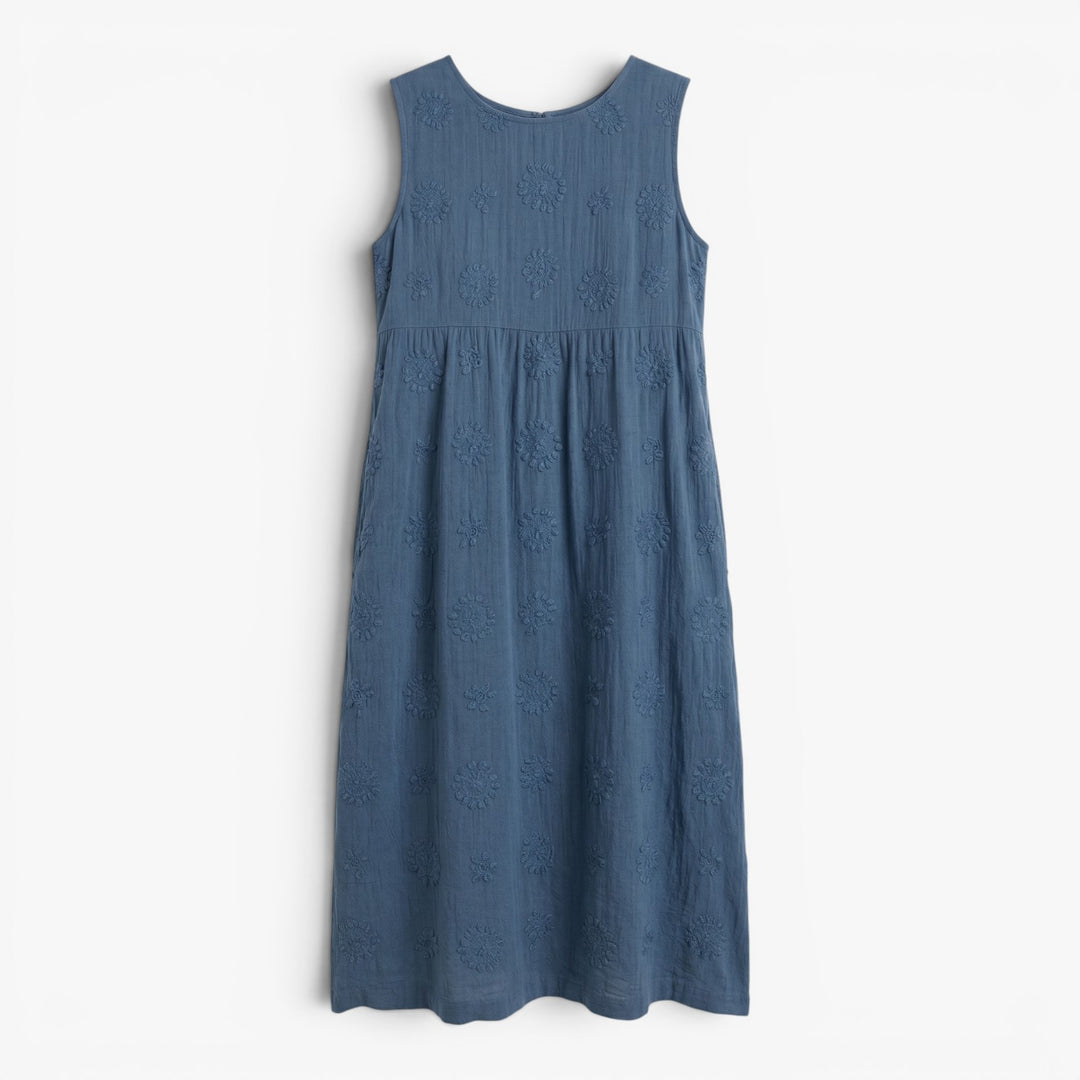 Women's Embroidered Sleeveless Cotton Linen Midi Dress