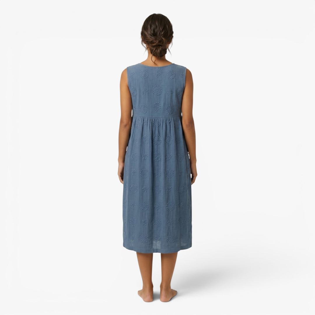 Women's Embroidered Sleeveless Cotton Linen Midi Dress