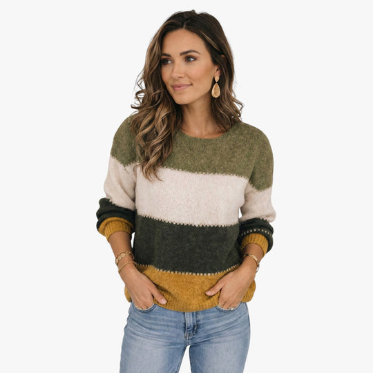 Casual Long Sleeve Striped Knit Sweater for Women
