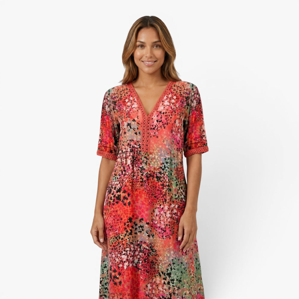 Damen künstlerisches florales Patchwork Midi-Kleid mit Taschen