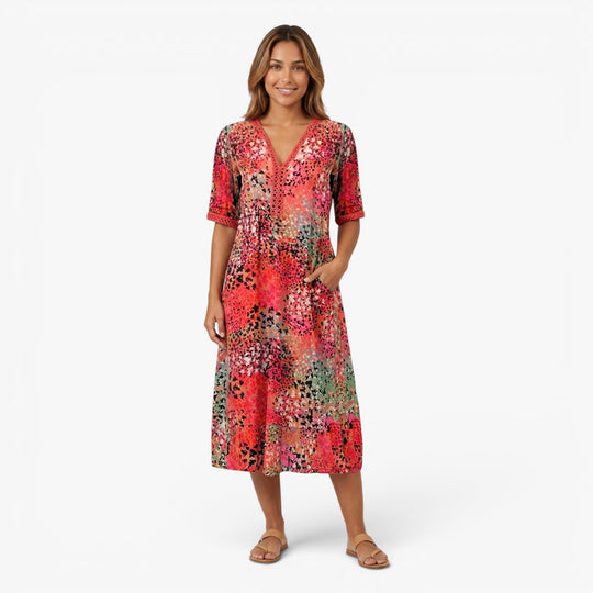 Women's Artistic Floral Patchwork Midi Dress with Pockets