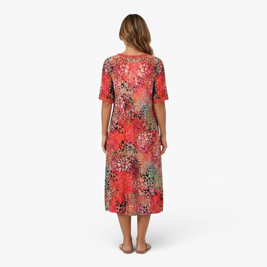 Women's Artistic Floral Patchwork Midi Dress with Pockets