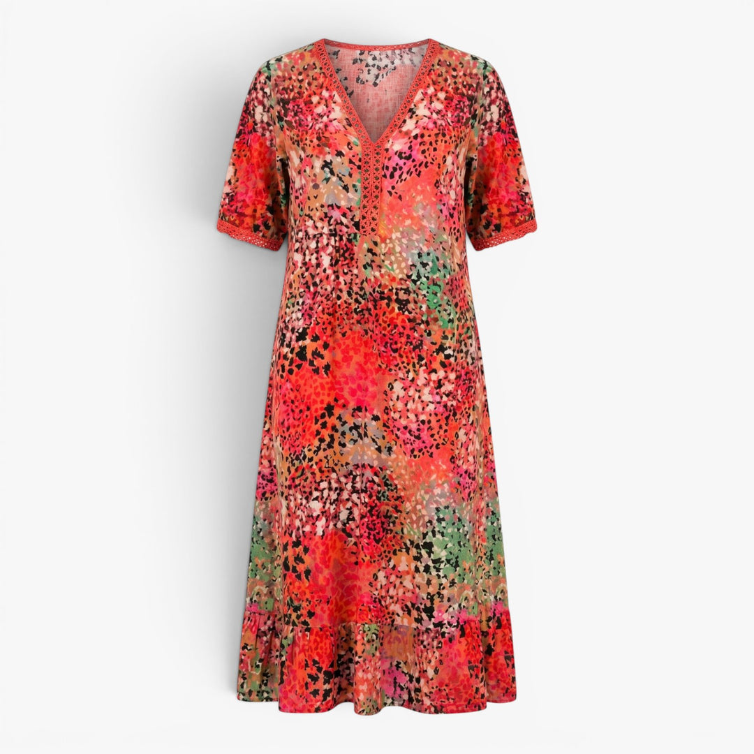 Women's Artistic Floral Patchwork Midi Dress with Pockets