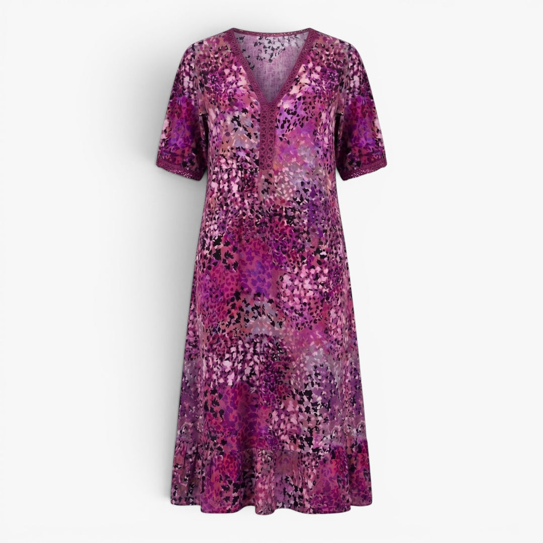 Women's Artistic Floral Patchwork Midi Dress with Pockets