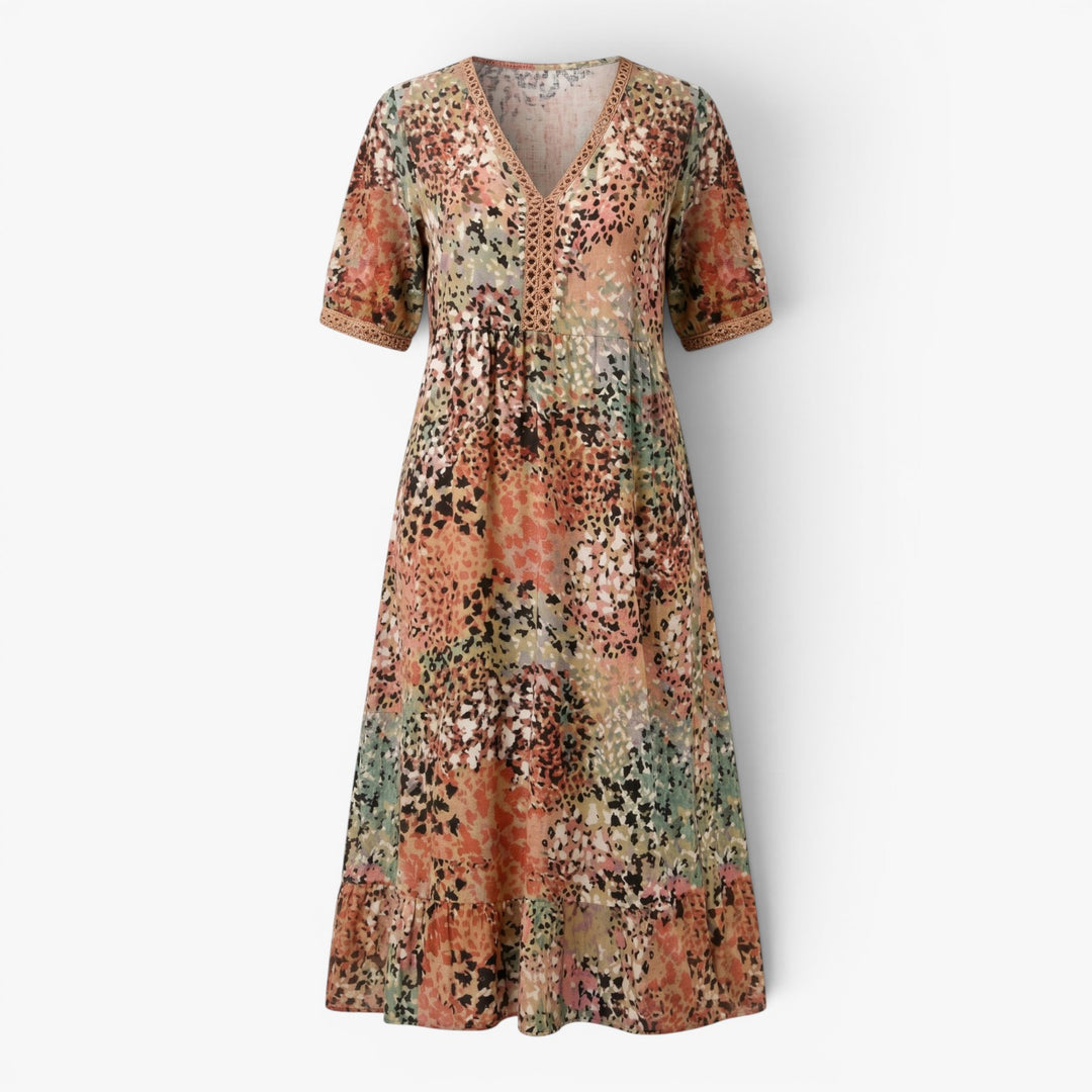 Women's Artistic Floral Patchwork Midi Dress with Pockets
