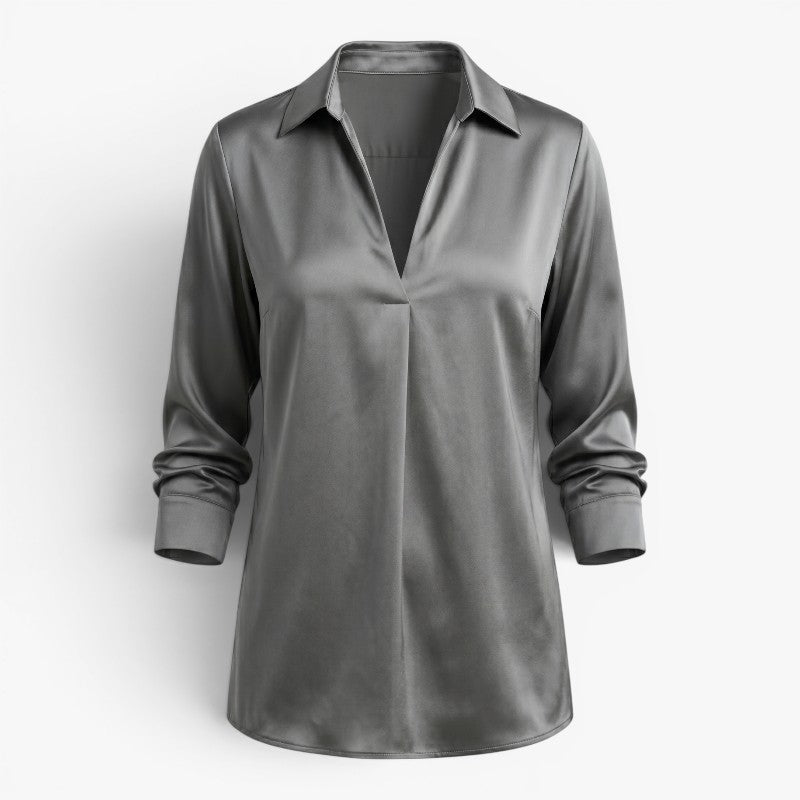 Women’s Satin V Neck Blouse with Elegant Relaxed Fit