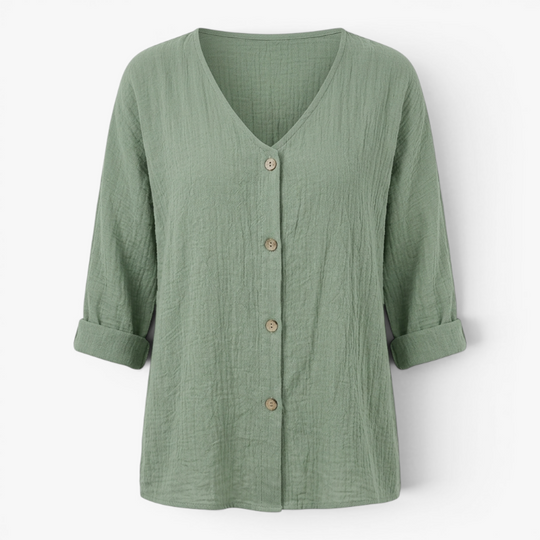Women’s Relaxed Button Front Blouse with Casual Linen Look