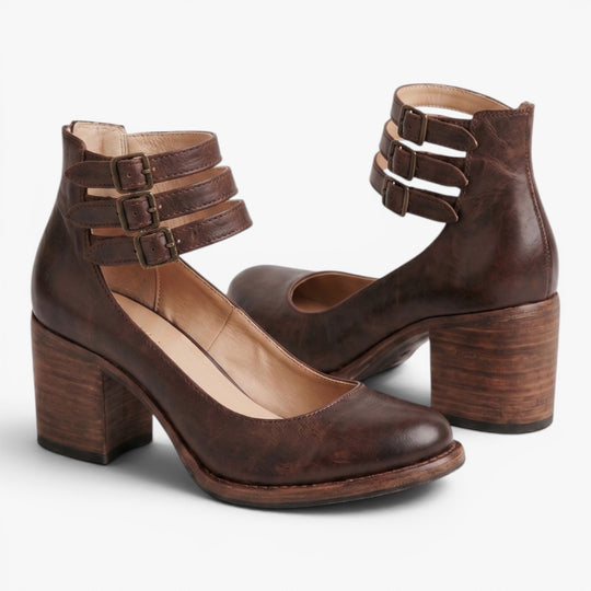 Women's Vintage Triple-Buckle Block Heel Pumps
