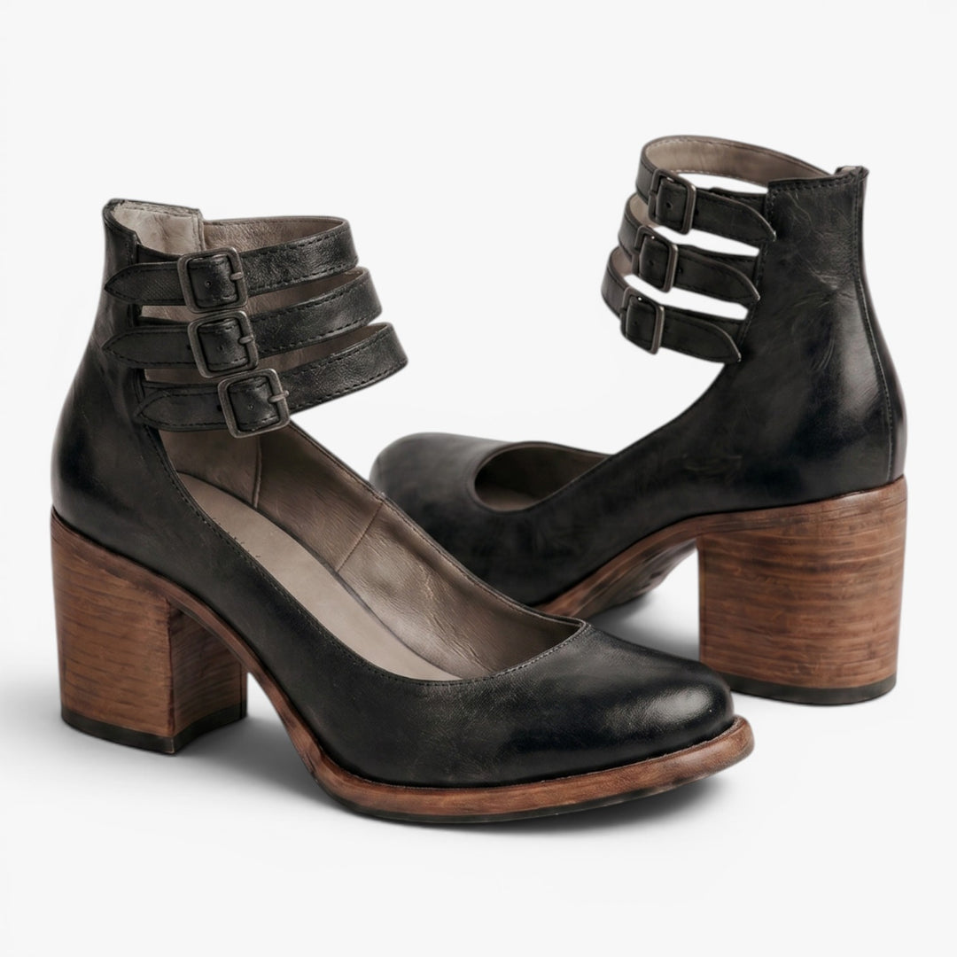 Women's Vintage Triple-Buckle Block Heel Pumps