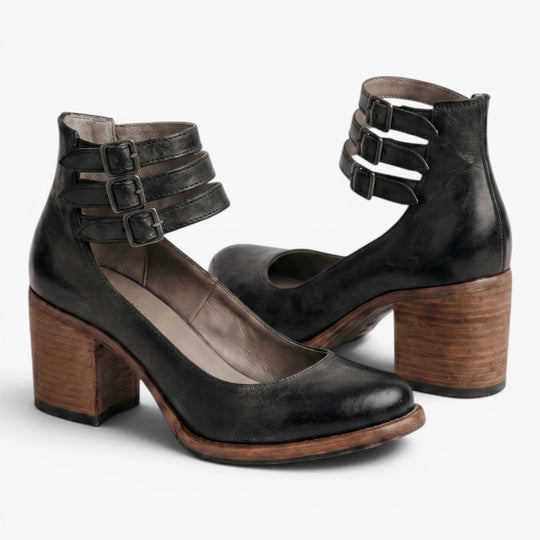 Women's Vintage Triple-Buckle Block Heel Pumps