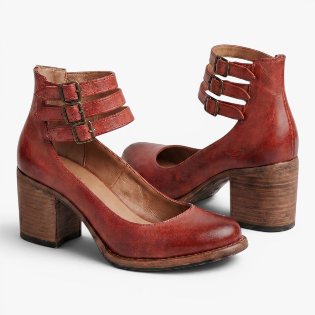 Women's Vintage Triple-Buckle Block Heel Pumps