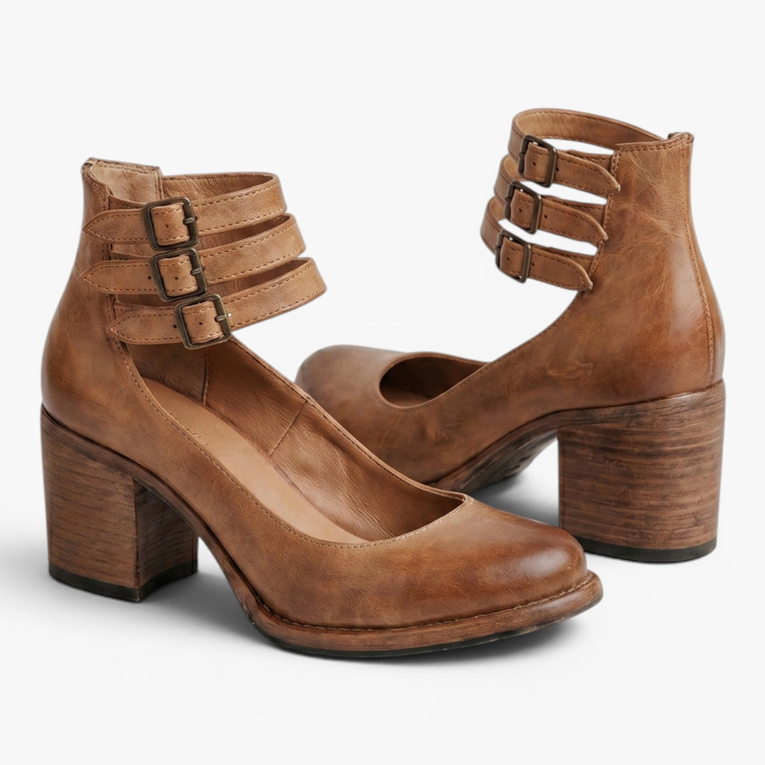 Women's Vintage Triple-Buckle Block Heel Pumps