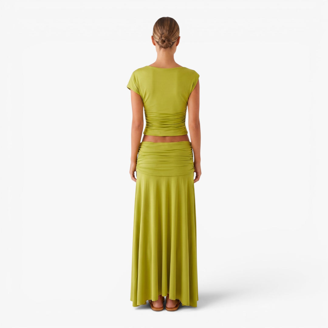Women's Ruched Crop Top and Maxi Skirt Set