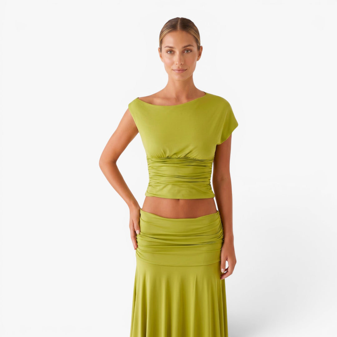 Women's Ruched Crop Top and Maxi Skirt Set