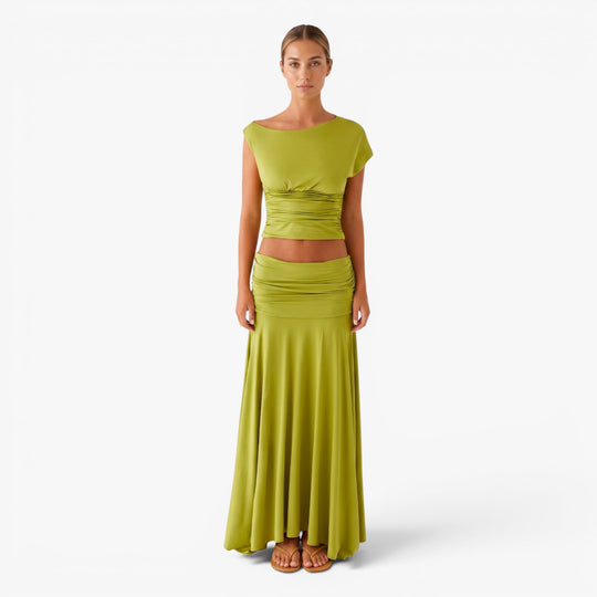 Women's Ruched Crop Top and Maxi Skirt Set