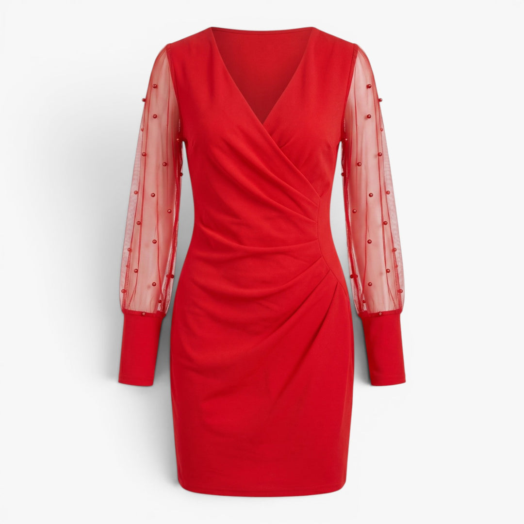 Women’s Wrap Mini Dress with Floral Mesh Sleeve Detail