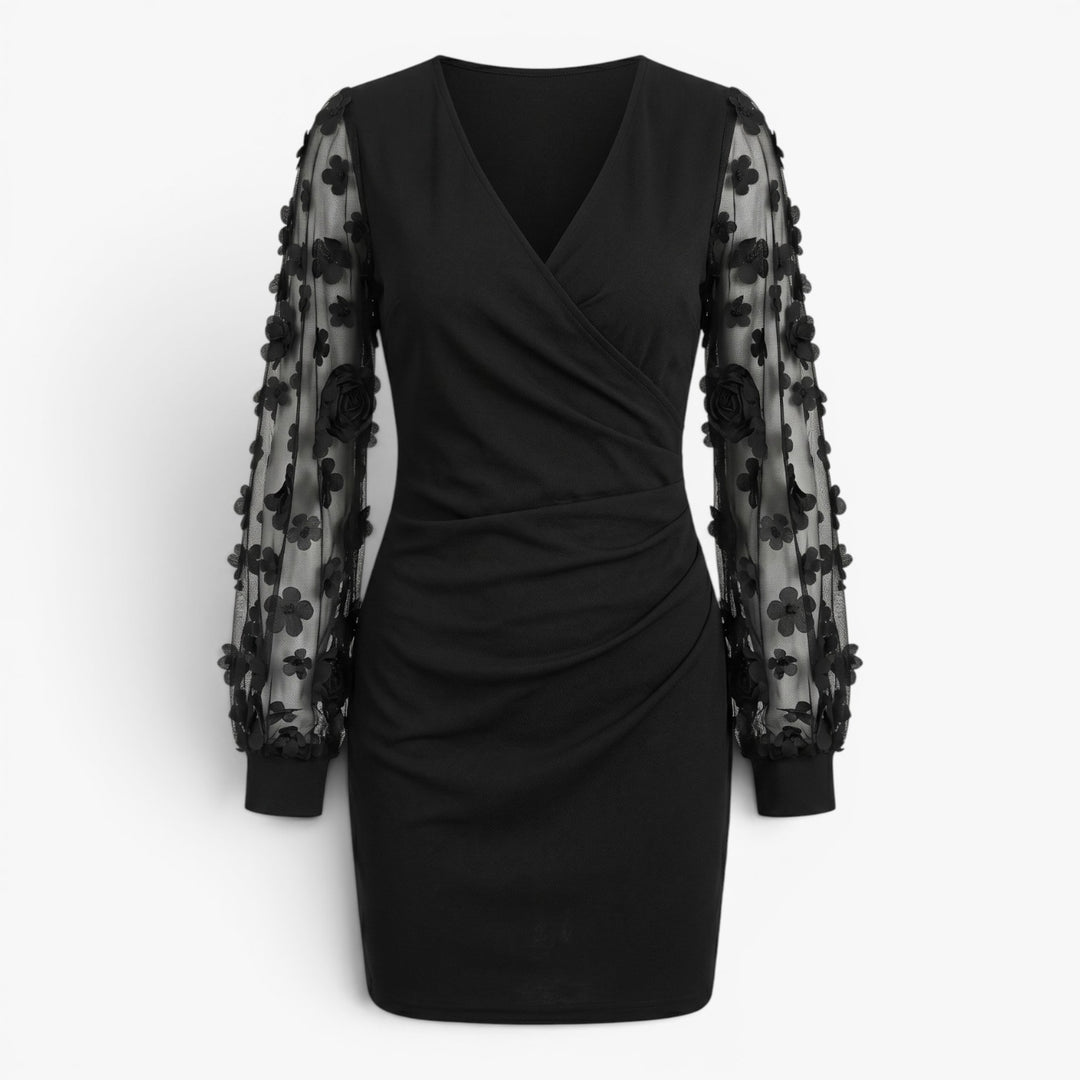 Women’s Wrap Mini Dress with Floral Mesh Sleeve Detail