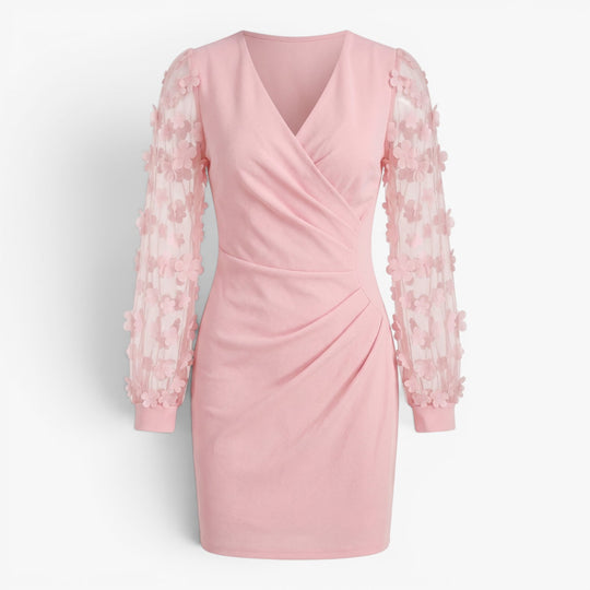 Women’s Wrap Mini Dress with Floral Mesh Sleeve Detail