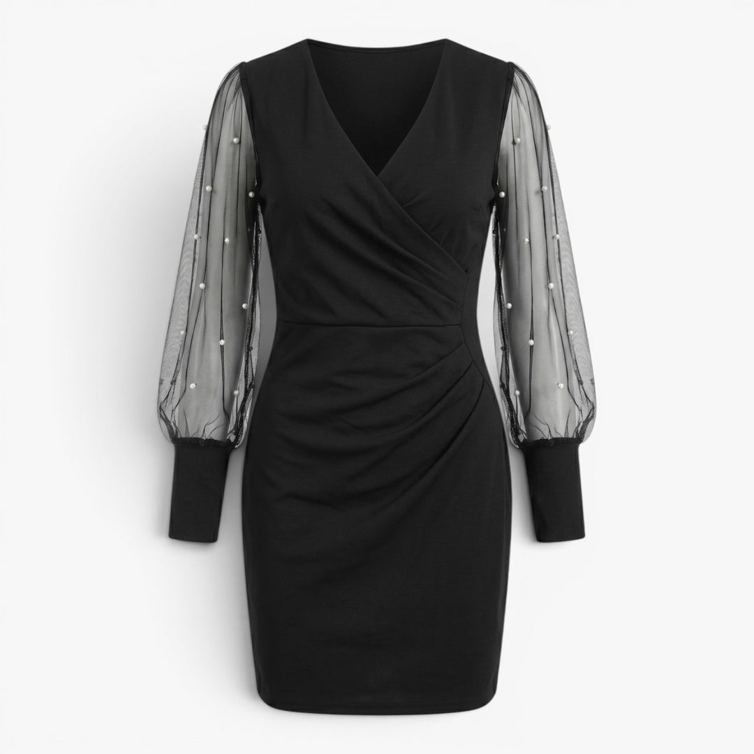 Women’s Wrap Mini Dress with Floral Mesh Sleeve Detail