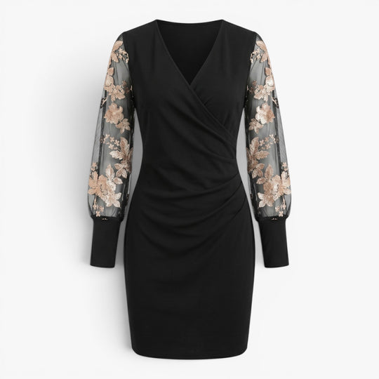 Women’s Wrap Mini Dress with Floral Mesh Sleeve Detail
